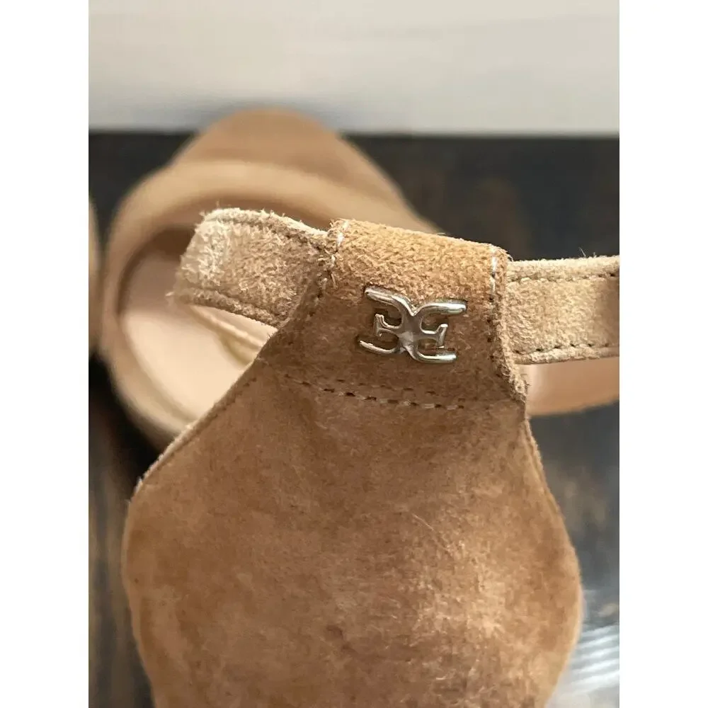 Sam Edelman Tan Suede Neutral Leather Block Heel Ankle Strap Sandals Size 7.5